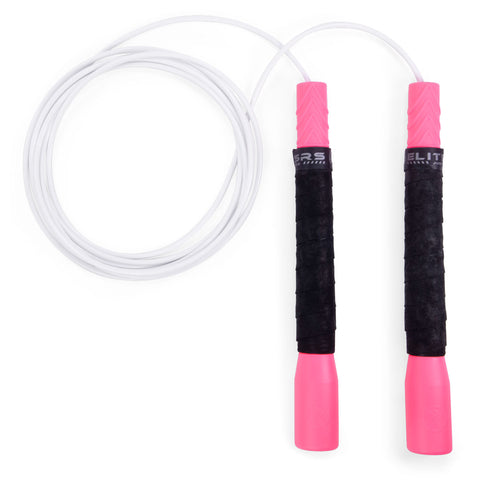 Freestyle Jump Rope - 4mm PVC with Long 8" Handle Jump Rope Elite Jumps Pink & White - Grip Tape