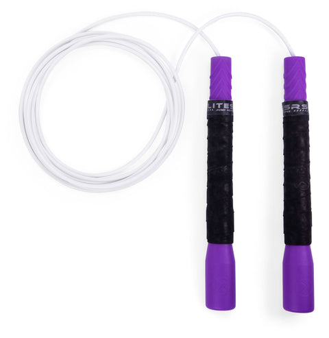 Freestyle Jump Rope - 4mm PVC with Long 8" Handle Jump Rope Elite Jumps Purple & White - Grip Tape