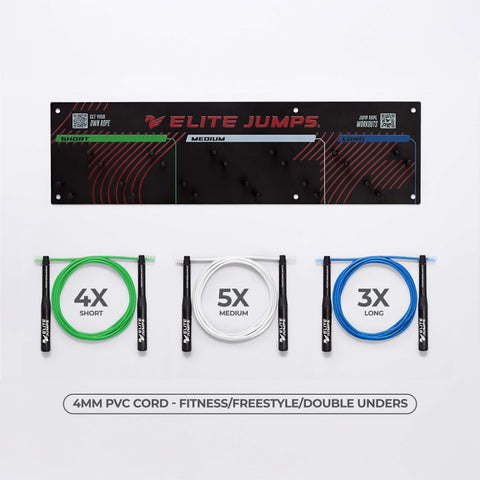Gym Pack - Jump Rope Set & Wall Rack Accessory Elite Jumps 3 Sizes (S/M/L) 4mm PVC Cord
