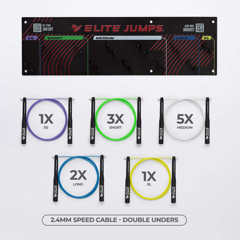 Gym Pack - Jump Rope Set & Wall Rack Accessory Elite Jumps 5 Sizes (XS/S/M/L/XL) 2.4mm Speed Cable