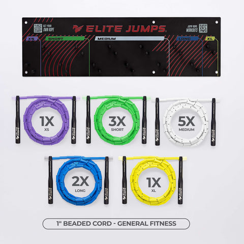 Gym Pack - Jump Rope Set & Wall Rack Accessory Elite Jumps 5 Sizes (XS/S/M/L/XL) 1" Beaded Rope